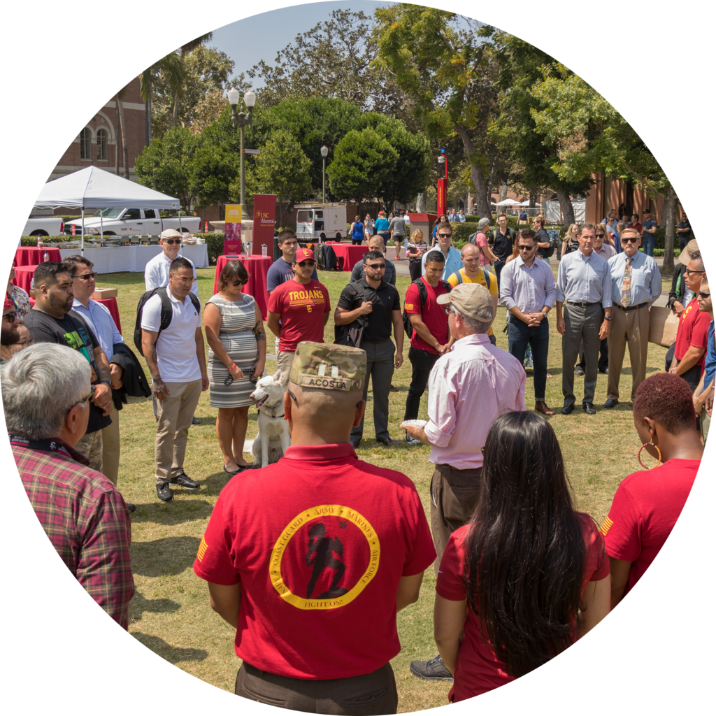 Veterans in a circle at USC Military & Veterans Initiative Welcome Lunch 2017